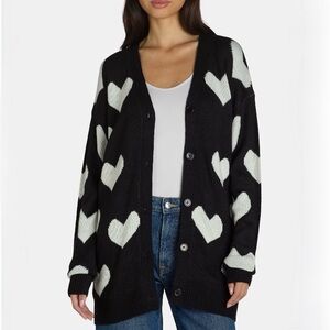 What's Next Heart Print Intarsia Cardigan Sweater Black NWT
